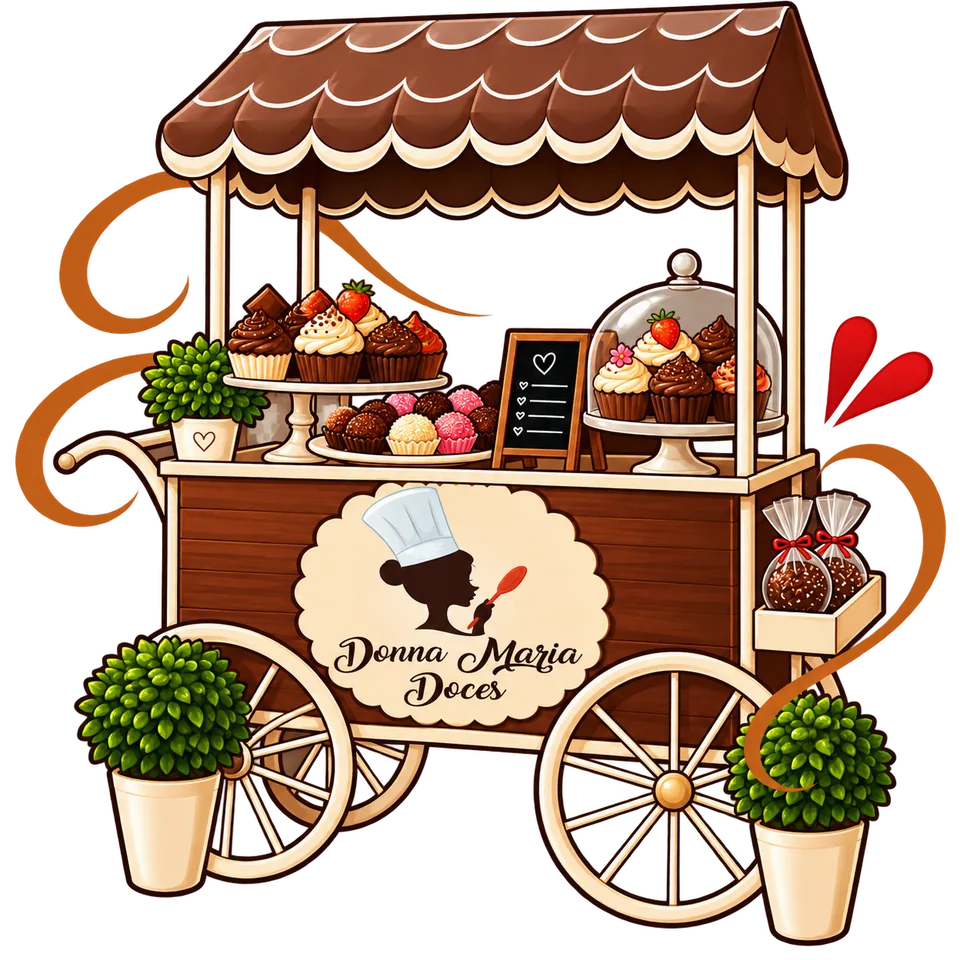 Ilustração do Carrinho Donna Maria com cupcakes, docinhos e lembrancinhas